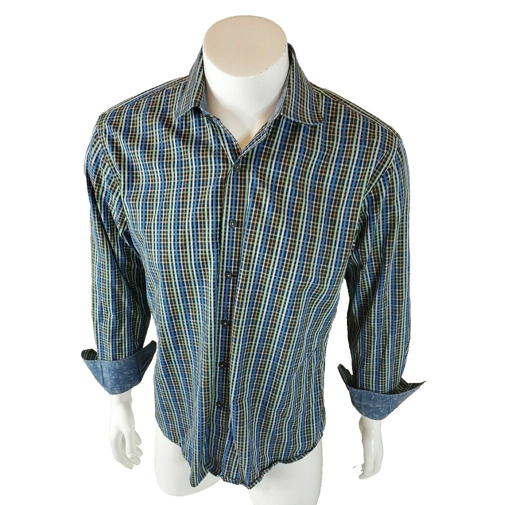 Marco Brunelli Shirt Flip Cuff Check Plaid Dress Button Up Men's Medium